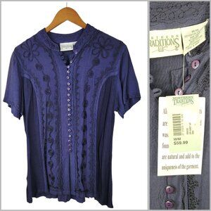 New Vintage Renaissance Top size Medium boho Blue Fairy Embroidered Festival